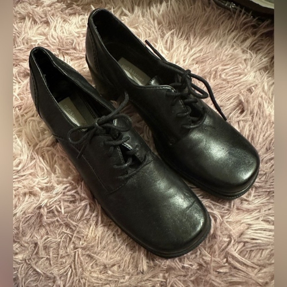 New Croft & Barrow Dawson Women's Black Leather Lace Up Block Heel Shoes Sz 6